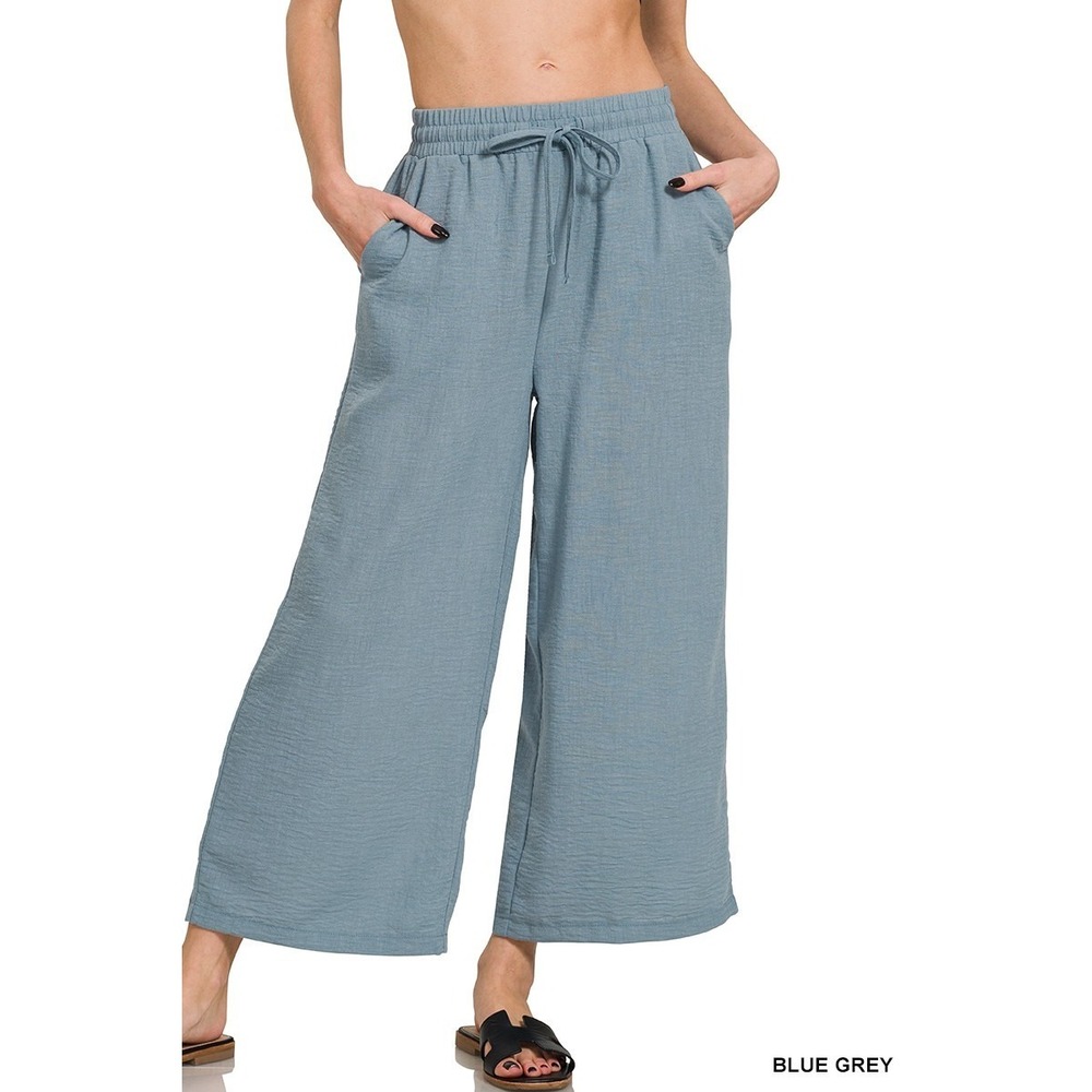 Zenana Women's Woven Crepe Elastic Band Waist Cropped Pants Medium Blue Grey